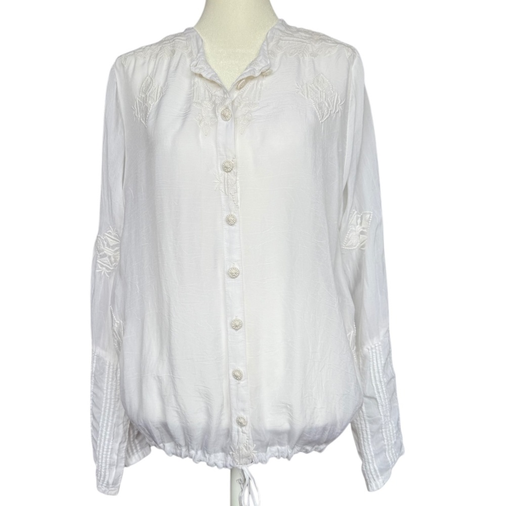Johnny Was White Embroidered Long Sleeve Sheer Blouse Sz M‎